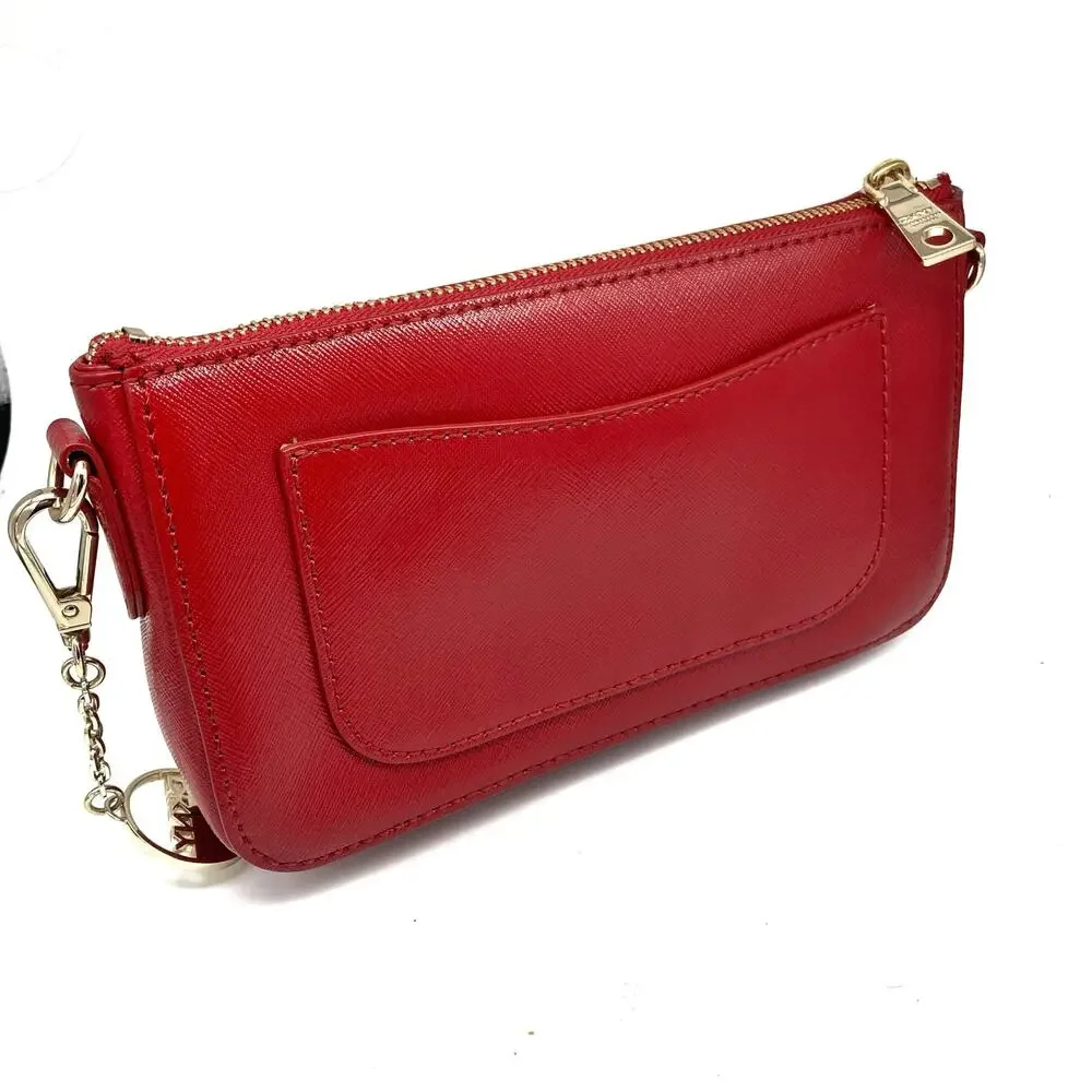 DKNY Red Saffiano Leather Studded Crossbody Clutch, Gold Hardware & Charm NWOT